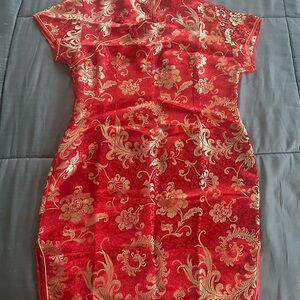 Traditional Red and Gold Floral Cheongsam Dress